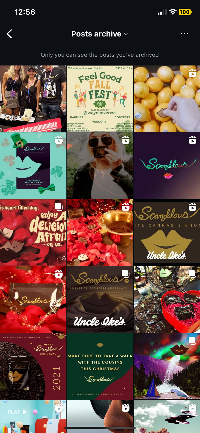 Archived Scandalous Chocolates Instagram grid before The Synergy Files quarterly campaign work